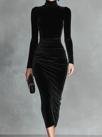Folds Patchwork Long Sleeve Sheath Dress, Autumn Winter Turtleneck Casual Simple Maxi Dress, Solid Sexy Ladies Dress
