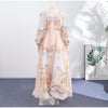 Floral Print Women Dress Button Down Mock Neck Maxi Dresses Long Lantern Sleeve A-Line Waist Belt Flared Hem Elegant Streetwear