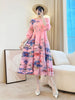 Elegant Plant Floral Printing Pleated Women's Dress Chic Round Collar Lantern Sleeve Elastic Loose Casual Dresses
