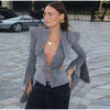 Sexy Deep V-neck Woolen Jackets Women's Hollow Up Waist Split Flare Long Sleeves Metal Buckle Coat High Street Jacket