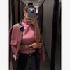 PU Leather Collar Corduroy Coat Elegant Long Sleeve Zipper Women's Cropped Jacket Spring Lady Outerwear Street