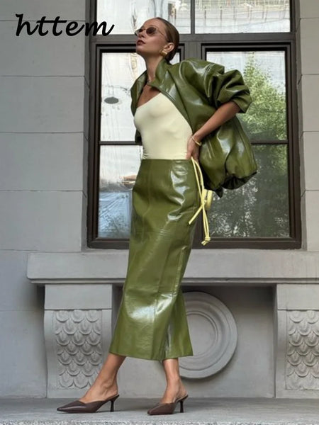 Street Zipper Leather Jackets Skirts Sets Women Loose Stand Collar Full Sleeve Coat Straight Skirt Autumn Winter Lady Suit