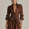 Vintage Solid High Waist Belted 2 Piece Sets Long Sleeve Button Lapel Shirt And Wide Leg Pants Woman Outfit Spring Vacation Suit
