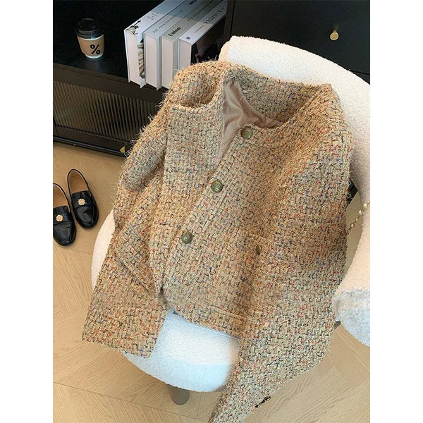 Vintage Tweed Jacket Women Elegant Cropped Coat Korean Long Sleeve Outerwear Fall Winter Ladies Single Breasted Chic Blazer