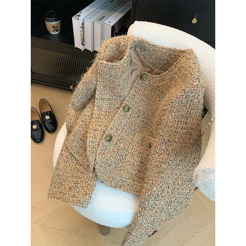 Vintage Tweed Jacket Women Elegant Cropped Coat Korean Long Sleeve Outerwear Fall Winter Ladies Single Breasted Chic Blazer