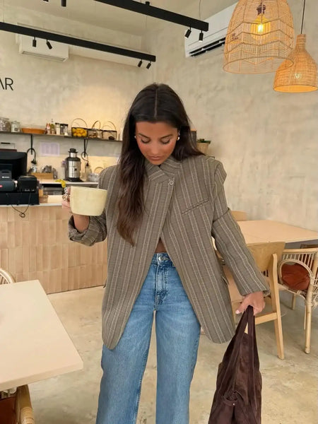 Diagonal Buckle Stand Collar Loane Taupe Asymmetrical Plaid Blazers Spring Casual Coats Vintage Woman's Outerwear Clothing