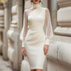 Women Mock Neck Mesh Long Sleeve Midi Dress Asymmetric Ruched Waist Slim Bodycon Elegant Wedding