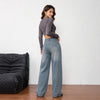 Women Fleece Lined Slightly Stretch Blue Wide Leg Jeans Selling Denim Pants