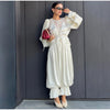Women Pant Set Satin Lace Round Neck Puff Long Sleeve Button Front Drawstring Waist Blouse Cuffed Ruffle Hem Pants Elegant Suit