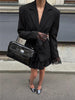 One Button Lace Blazer Women Black Slim V-neck Full Sleeve Shoulder Pads Jacket Fall Office Lady All-match Outwear