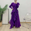 Ruffle Edge Maxi Pleated Dress For Women Round Neck Long Sleeves Solid Color Stitching Belt Dresses 2DA9911