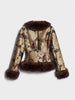 Printed Faux Fur Patchwork Jacket Women V Neck Long Sleeve Slim Cropped Coat Autumn Winter Lady Street Outwear