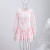 Print Shoulder Pad Waist Cinching Short Dress Women Sexy O-neck Lantern Long Sleeve Cascading Ruffle Slim Dresses Chic Partywear