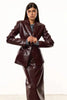IG Women Burgundy Croc Faux Leather 2 Piece Suit Set Notched Lapel Slim Blazer Jacket High Waist Midi Pencil Skirt Elegant