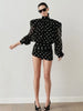 See Through Mini Dress Woman Turtleneck Mesh Full Sleeve Polka Dot Print Skinny Peach Hip Street Ruched Elegant Bodycon