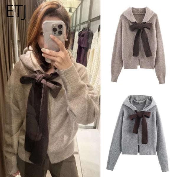women's holiday party date gentle cute bow act the role of long sleeve hooded knit coat