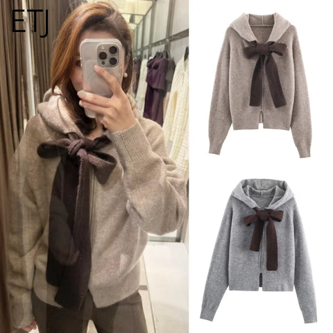 women's holiday party date gentle cute bow act the role of long sleeve hooded knit coat