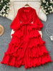 High End Party Ruffles Runway Dresses Women Lantern Sleeve Lace-up Loose Stretch Celebrity Beautiful Long Dress