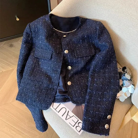 Dark Blue Tweed Short Coat Women's Autumn Socialite Western Style Woven Long-Sleeved Top