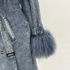 Lady Denim Jacket Mongolian Fur Collar Jacket Autumn Winter Long Trench Coat Fur Detachable Collar Fur Overcoats