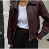 Wine Red Pu Leather Long Sleeve Lapel Collar Zipper Jackets Women Loose Short Coats Female Autumn Office Daily Wear