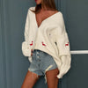 Fall Winter Sweater Women Loose Cardigan Dachshund Embroidery Cute Sausage Long Sleeve Jacket Coat Casual 58917