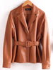 Women Split Leather Blazer With Slim Waist Belt Spring Autumn Notched Collar Loose Leather Jacket Female Coat