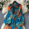 Retro Elegant Autumn Edible Tree Fungus Patchwork Long Sleeves Print Chiffon Dress A-line French Vintage Vacation Women Dresses