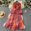 Retro Elegant Autumn Edible Tree Fungus Patchwork Long Sleeves Print Chiffon Dress A-line French Vintage Vacation Women Dresses