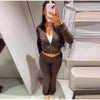 Zipper Plush Jacket Long Pants Lady Set Solid Color Lapel Jackets High Waist Slim Bell-Bottom Trousers Casual Women's Sets