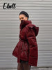 Warm Glossy Hooded Lace-up Cotton Coats Winter Female Casual Zipper Bottons Belted Overcoat Women's Solid Streetwear