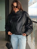 Solid Leather Moto Jacket For Women Winter Turtleneck Retro Coats Asymmetry Elegant Vintage PU Jackets