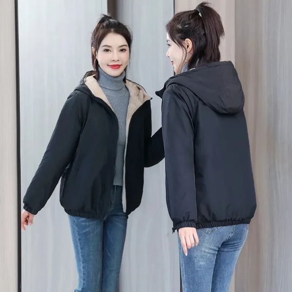 Add Velvet Padded Coat Women Winter Hooded Outerwear Ladies Warm Cotton-Padded Jacket Overcoat Short Female Top
