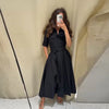 Elegant Belt Women Long Black Dress Full Sleeve Pleated Lapel Waist-Closed Female A Line Dresses Spring Lady Robes