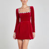 Elegant Square Neck Diamond Short Velvet Dress For Women Two Pockets Slim Office Ladies Outfits A-Line Long Sleeve Dress
