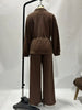 Women Casual Drawstring Waist Cinched Fleece 2 Piece Outfits Half Zip Stand Collar Sweatshirt Wide Leg Pants Set