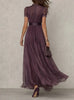 Elegant Chiffon Lace Trim Midi Dress Stand Collar Neck Puff Sleeve Cinched Waist Draped A Line Flowy Women's Casual Dresses