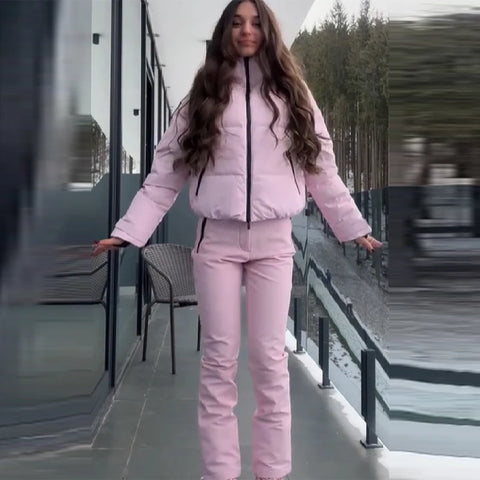 Thicken Warm Women's Skiwear Pink High Collar Hooded Cotton Padded Coats Straight Leg Zipper Pants Winter Lady Ski Suit