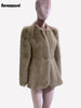 Autumn Winter Elegant Chic Short Fitted Faux Fur Blazer Women Single Button Puff Sleeve Fluffy Jacket