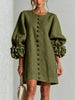 High‑quality Women Loose Short Tunic Dress 3D Stereo Big Flower Cuff Lantern Long Sleeve Button Front Dress Casual Daily Wear