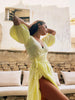 100% Cotton V-neck Waist Cinched Dress Unique Lantern Sleeve Sexy Slit Long Skirt Women's Casual Dresses