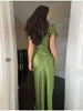 Olive Green Satin Maxi Dress Women Elegant Shawl Design Lace Trim Asymmetrical Hem Ruched Bodycon Formal Dinner Gown