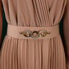 Elegant Dresses Woman V Neck Full Sleeve Pleated Mid Calf Belt Waisted African Female Birthday Party Dress