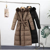 Elegant Fur Collar Hood Belt Long Cotton Jacket Women Zipper Drawstring Waist Parka Down Coat Winter Lady Warm Chic Outwear