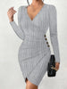 Women's V-Neck Long Sleeve Bodycon Dress - Ribbed Knit Mini Dress with Button Detail Sexy Wrap Style for Party & Night Out