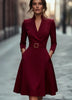 Women Long Sleeve V Neck Midi Dress With Belt A Line Swing Skirt Elegant Office Party Cocktail Wear