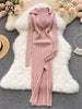 Women Korean Knitted Dress Long Sleeve V Neck Elastic Slim Pencil Dresses Autumn Sexy Bodycon Split Sweater Dress