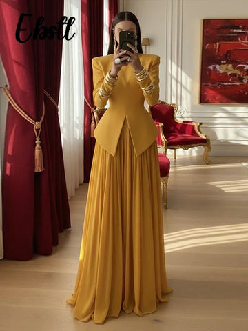 Elegant Stand Collar Blazers Coat Skirts Set Lady Solid Shoulder Padded Suit Jackets Pleated Long Skirt Women's Outfits