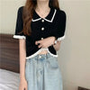Women's Stylish Clothing Knitting Button Short Tops Tees Patchwork Striped Jacket Girls Y2k Clothing Korean Sweater Short Shirt