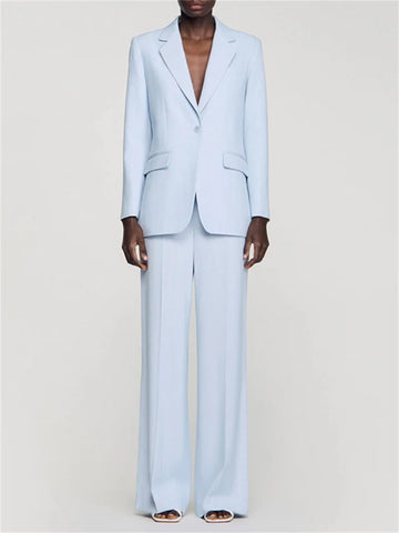 Women Slim Fit Single Breasted Flip Pockets Design Suit Jacket or Zipper Long Pants Light Blue Set